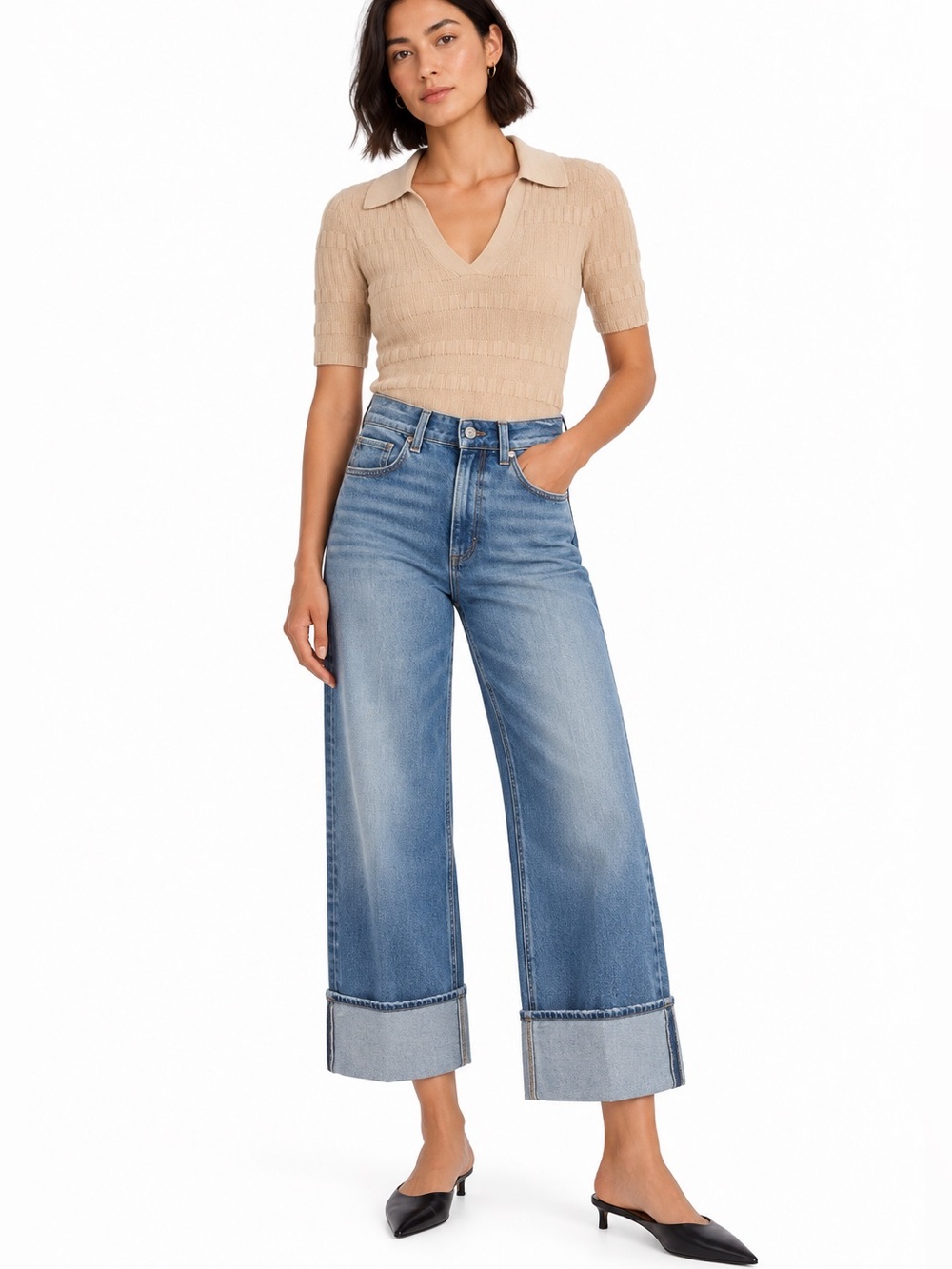 PAIGE Sasha Ankle Wide Leg Cuffed Jeans Size 26 Medium Wash